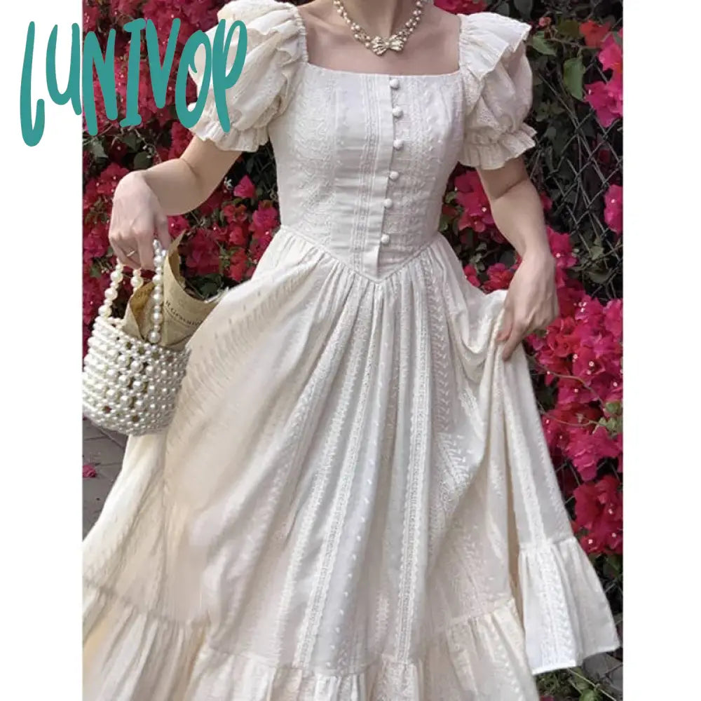 Lunivop Elegant Square Collar White Dress Summer Fashion Puff Sleeve Ruffle For Women 2024 Chic