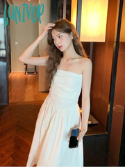 Lunivop Elegant Strapless Midi Dress Women French Slim Even Party Formal Office Lady Casual Fairy