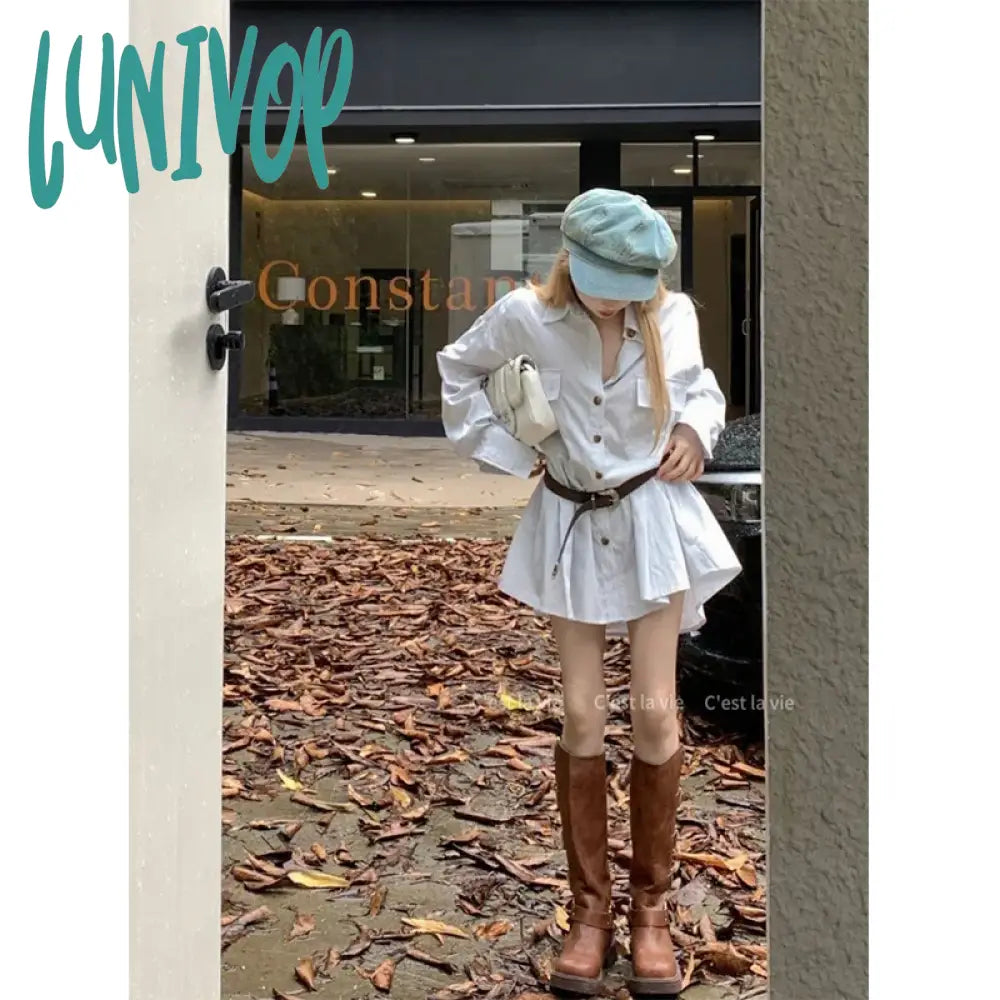 Lunivop Elegant Striped Mini Dress Women Belt Shirts One Pieces Dresses Streetwear Korean Fashion