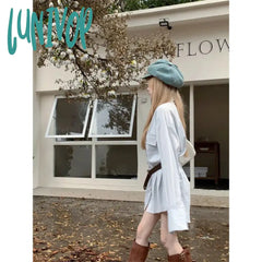 Lunivop Elegant Striped Mini Dress Women Belt Shirts One Pieces Dresses Streetwear Korean Fashion