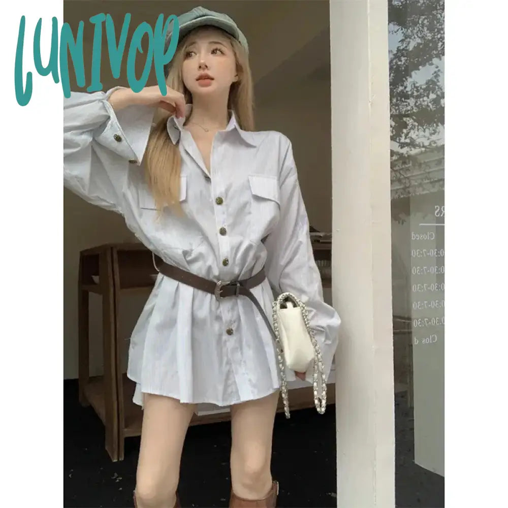 Lunivop Elegant Striped Mini Dress Women Belt Shirts One Pieces Dresses Streetwear Korean Fashion