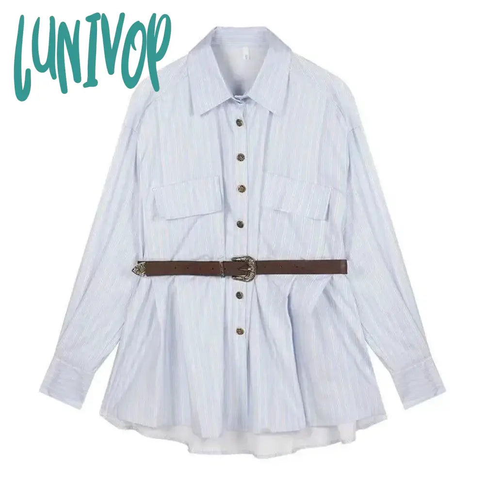 Lunivop Elegant Striped Mini Dress Women Belt Shirts One Pieces Dresses Streetwear Korean Fashion