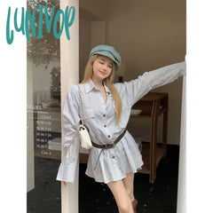 Lunivop Elegant Striped Mini Dress Women Belt Shirts One Pieces Dresses Streetwear Korean Fashion