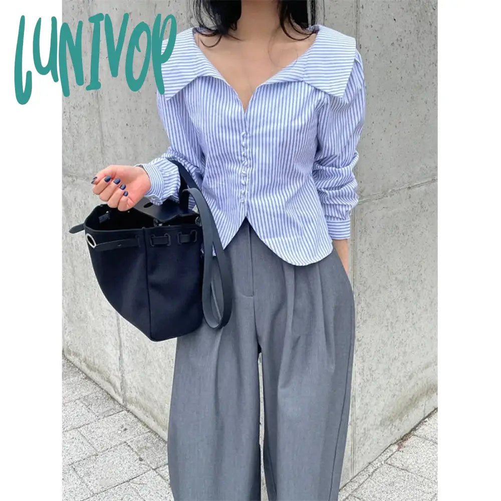 Lunivop Elegant Striped Shirts Women Korean White Long Sleeve Blouses Office Ladies Fashion Design