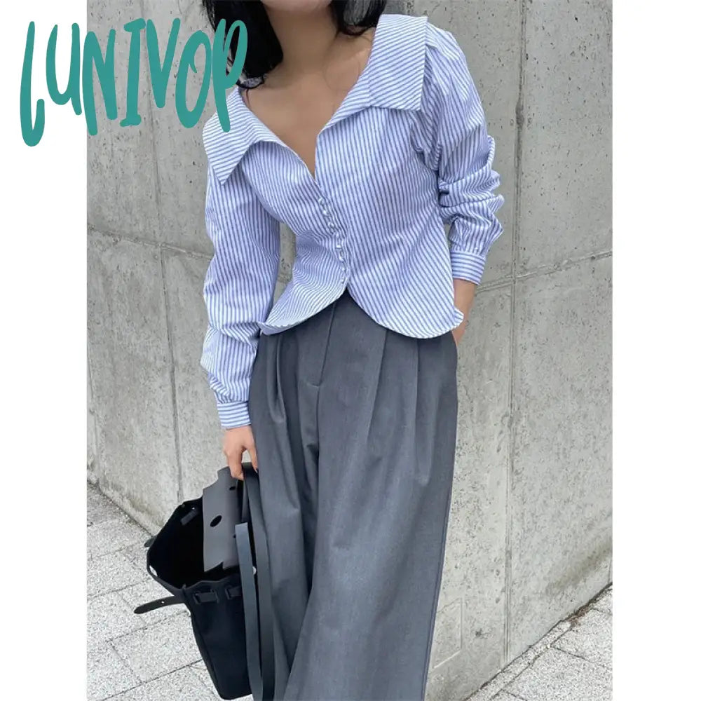 Lunivop Elegant Striped Shirts Women Korean White Long Sleeve Blouses Office Ladies Fashion Design