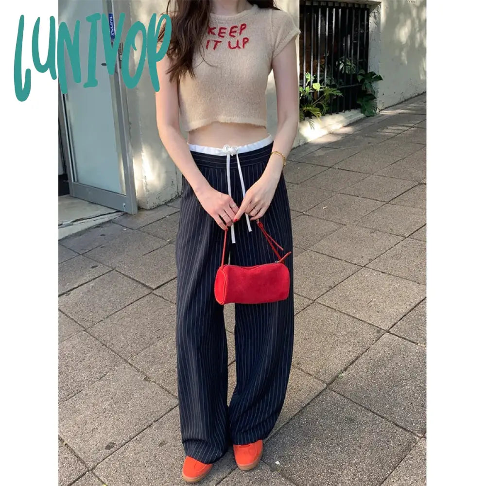 Lunivop Elegant Striped Suit Pants Women Streetwear Patchwork Wide Leg Office Ladies Korean High