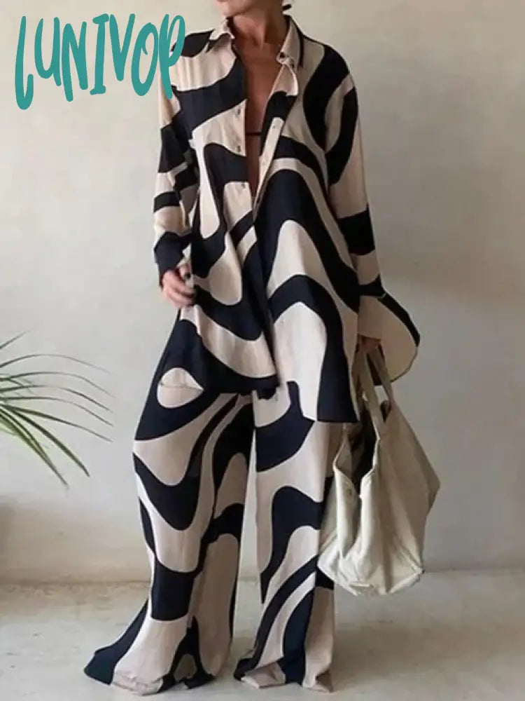 Lunivop Elegant Summer Stripes Shirt Pants Set Women Loose Long Sleeve Blouses Matching Wide