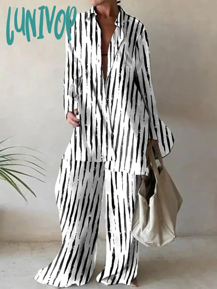 Lunivop Elegant Summer Stripes Shirt Pants Set Women Loose Long Sleeve Blouses Matching Wide