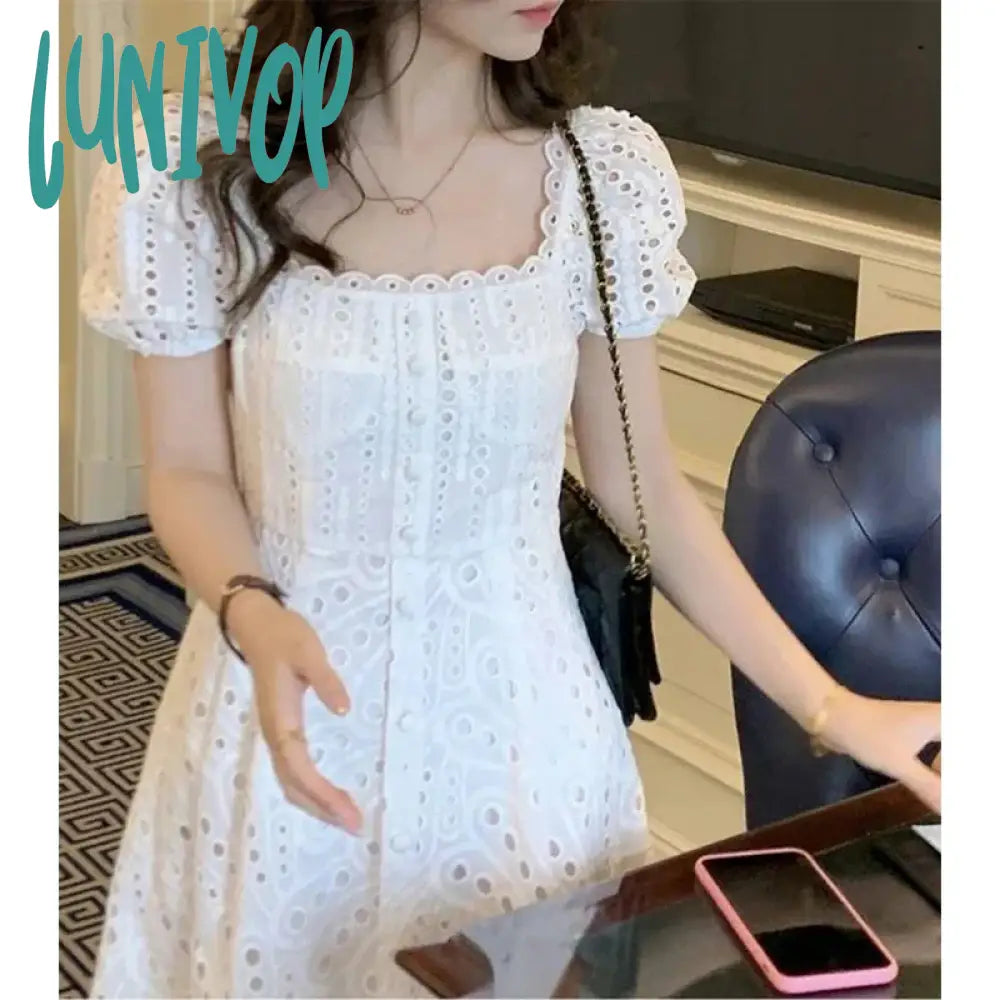 Lunivop Elegant White Dress Women Korean Hollow Out A Line Midi Dresses Summer Sweet Vintage Puff