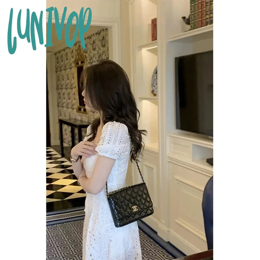 Lunivop Elegant White Dress Women Korean Hollow Out A Line Midi Dresses Summer Sweet Vintage Puff