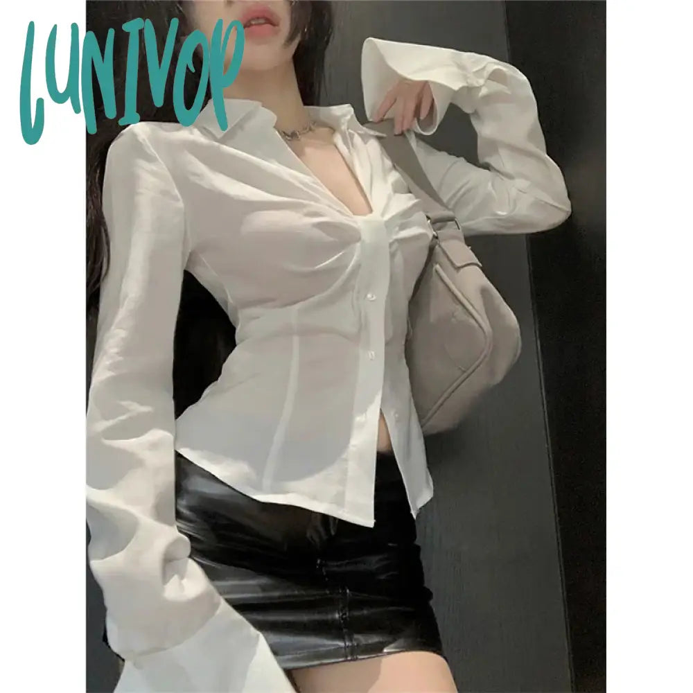 Lunivop Elegant White Shirts Women Sexy V Neck Folds Blouses Summer Streetwear Korean Flare Long