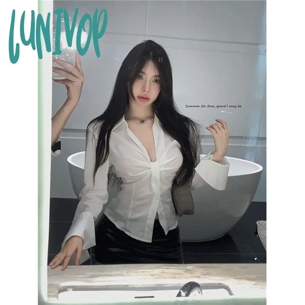Lunivop Elegant White Shirts Women Sexy V Neck Folds Blouses Summer Streetwear Korean Flare Long