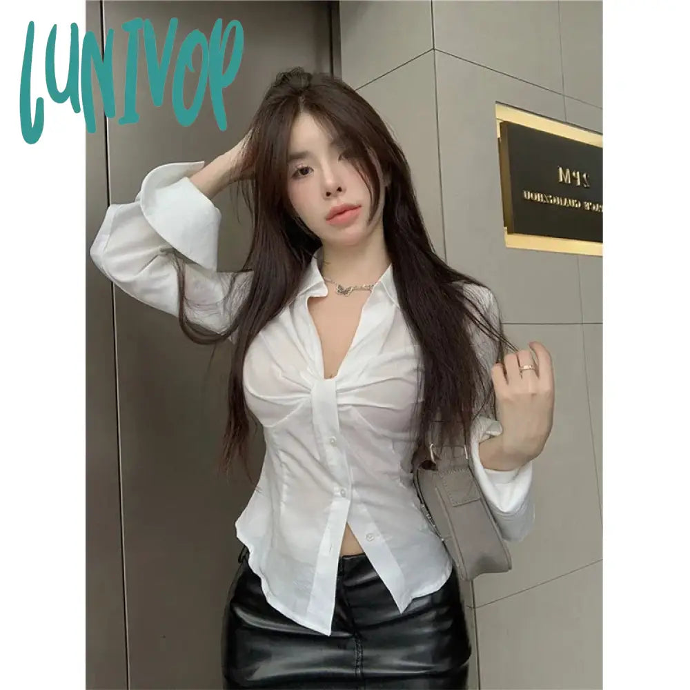 Lunivop Elegant White Shirts Women Sexy V Neck Folds Blouses Summer Streetwear Korean Flare Long