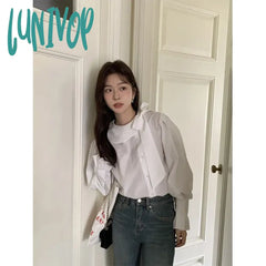 Lunivop Elegant White Shirts Women Vintage Bow Bandage Blouses Spring Office Lady Korean Long