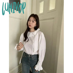 Lunivop Elegant White Shirts Women Vintage Bow Bandage Blouses Spring Office Lady Korean Long