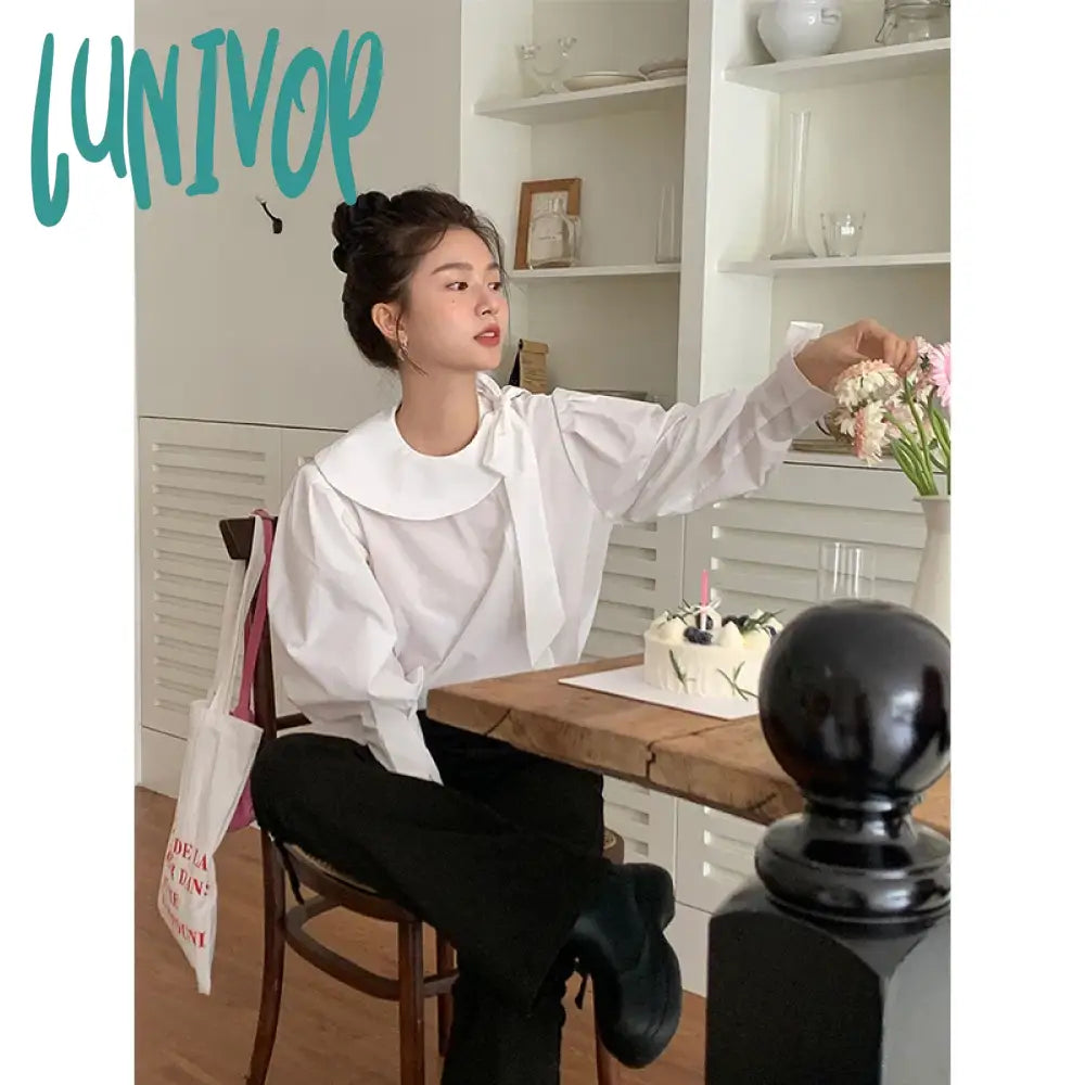 Lunivop Elegant White Shirts Women Vintage Bow Bandage Blouses Spring Office Lady Korean Long