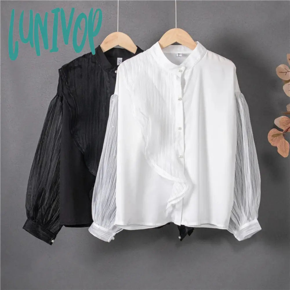 Lunivop Elegant White Shirts Women Vintage Mesh Patchwork Long Sleeve Blouses Summer Ladies Korean