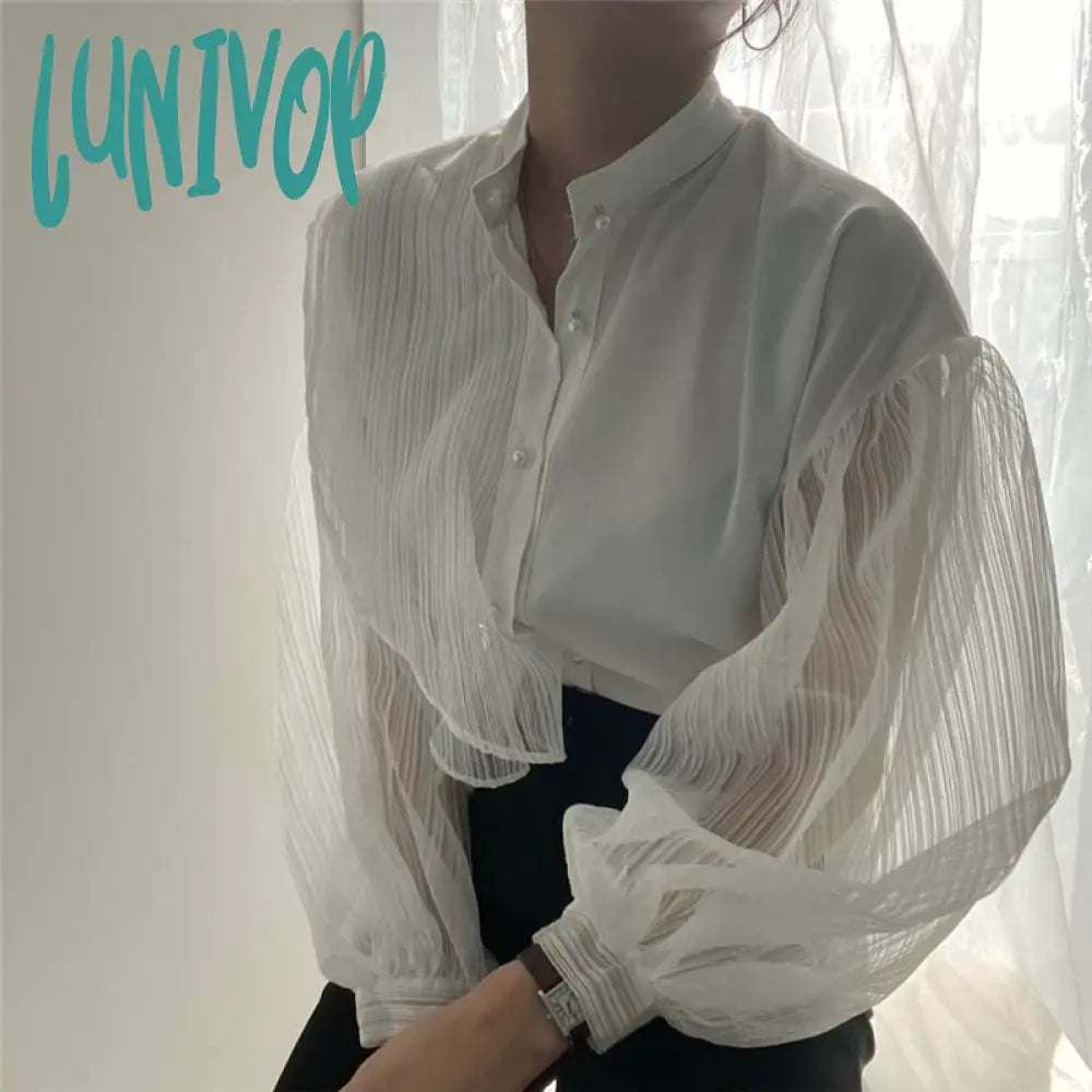 Lunivop Elegant White Shirts Women Vintage Mesh Patchwork Long Sleeve Blouses Summer Ladies Korean