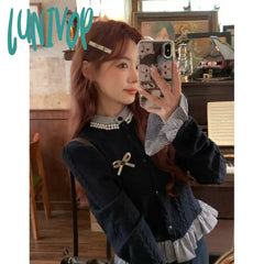 Lunivop Elegant Y2K Women 2 Pieces Sets Vintage Preppy Style Knitted Blouse Casual Shirts Slim Midi