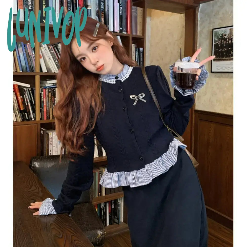 Lunivop Elegant Y2K Women 2 Pieces Sets Vintage Preppy Style Knitted Blouse Casual Shirts Slim Midi