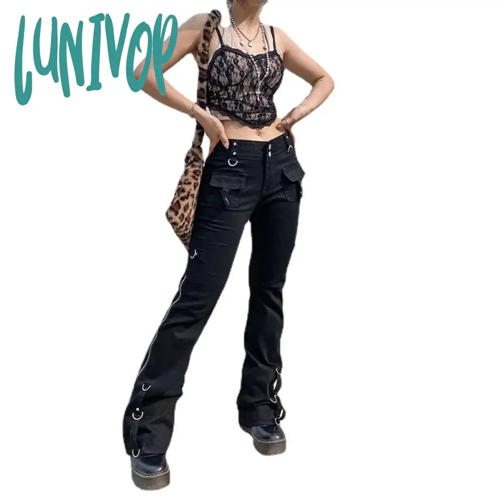 Lunivop European And American Cool Low-Waist Zipper Straight Slim Jeans Autumn Trousers Flare Cargo