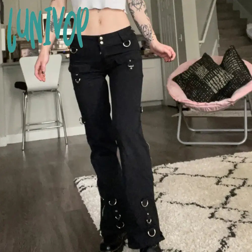 Lunivop European And American Cool Low-Waist Zipper Straight Slim Jeans Autumn Trousers Flare Cargo