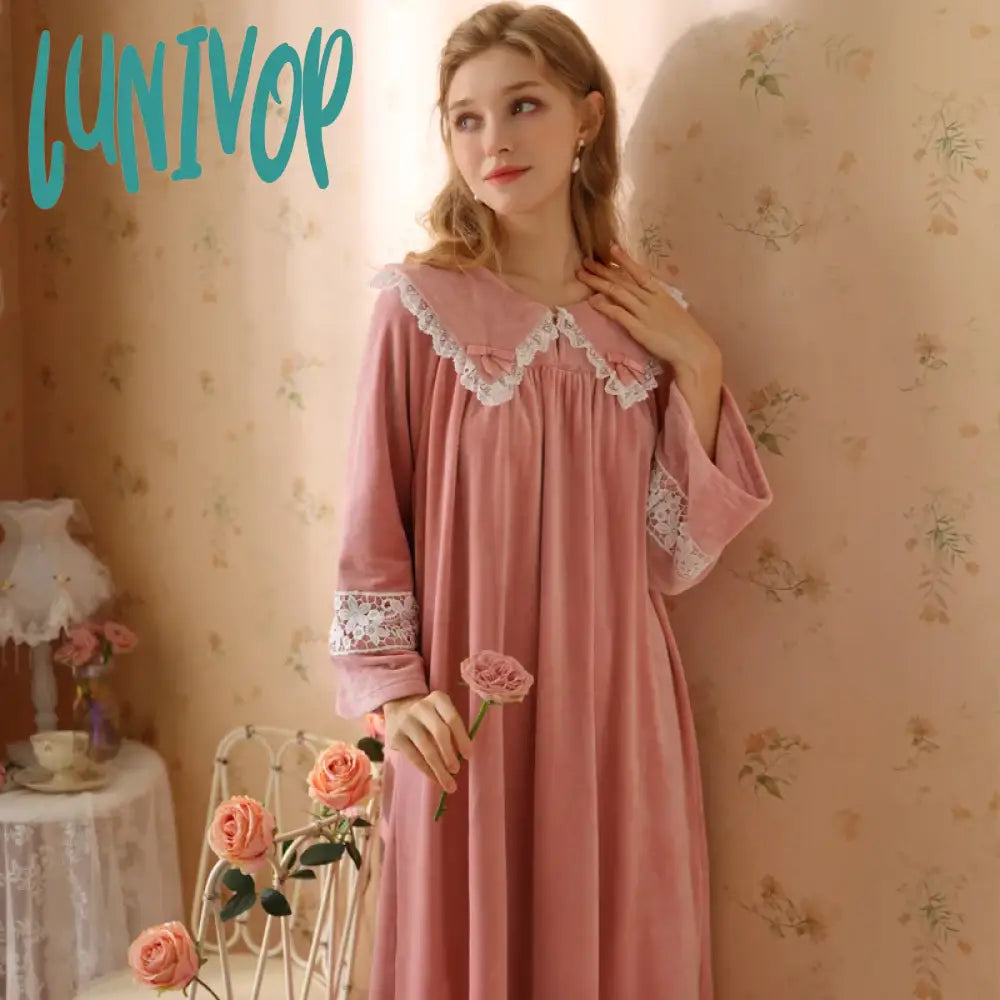 Lunivop Fairy Autumn Winter Velour Nightdress Women Thick Velvet Night Dress Sweet Lace Long Sleeve