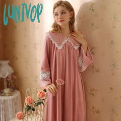 Lunivop Fairy Autumn Winter Velour Nightdress Women Thick Velvet Night Dress Sweet Lace Long Sleeve