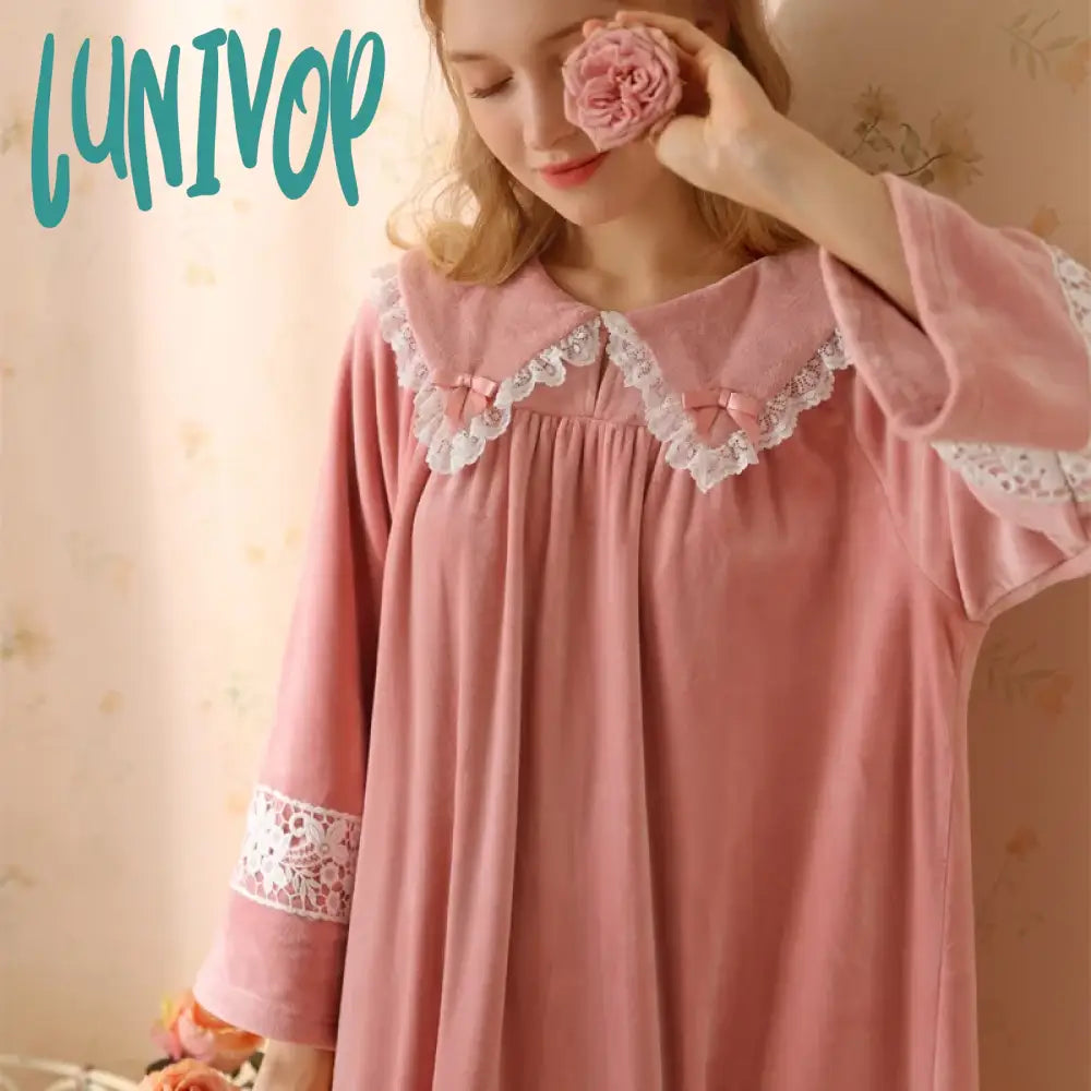 Lunivop Fairy Autumn Winter Velour Nightdress Women Thick Velvet Night Dress Sweet Lace Long Sleeve