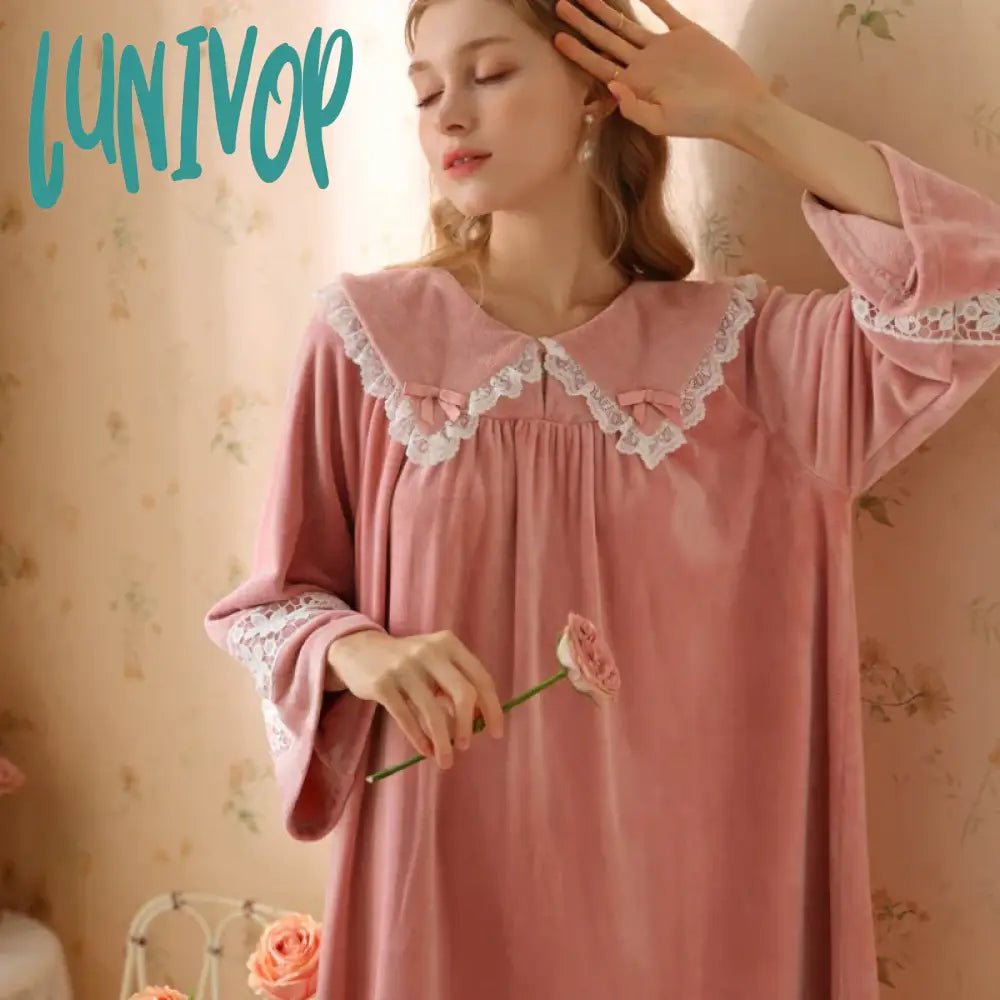 Lunivop Fairy Autumn Winter Velour Nightdress Women Thick Velvet Night Dress Sweet Lace Long Sleeve