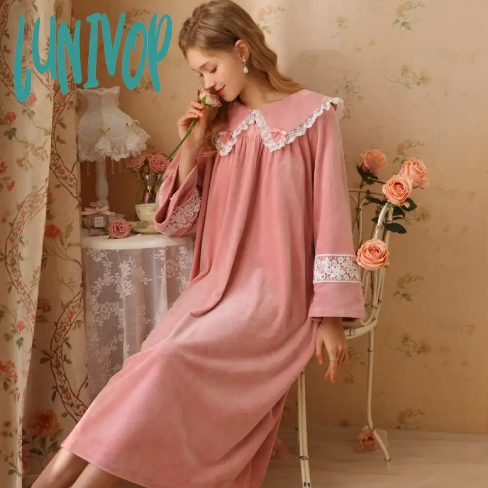 Lunivop Fairy Autumn Winter Velour Nightdress Women Thick Velvet Night Dress Sweet Lace Long Sleeve