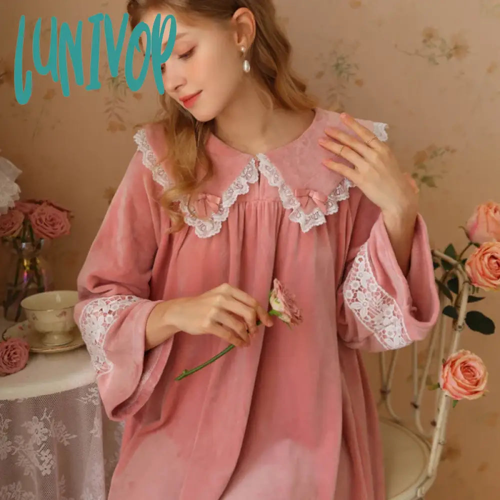 Lunivop Fairy Autumn Winter Velour Nightdress Women Thick Velvet Night Dress Sweet Lace Long Sleeve