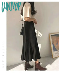 Lunivop Fairy Core Long White Skirt For Women Girl A-Line Pleated Midi High Waist Summer Fairycore