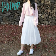 Lunivop Fairy Core Long White Skirt For Women Girl A-Line Pleated Midi High Waist Summer Fairycore