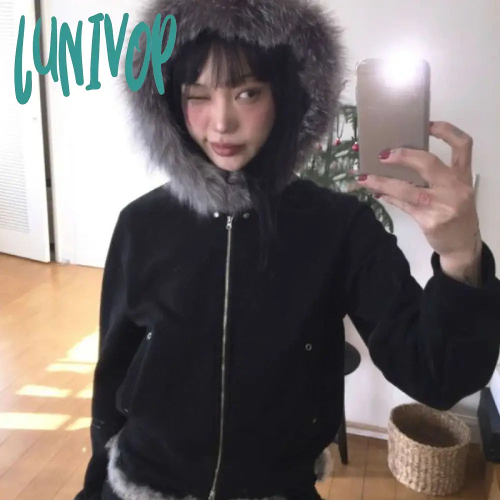 Lunivop Fairy Fur Patchwork Fashion Sweatshirts Vintage Grunge All Match Women’s Coats Double