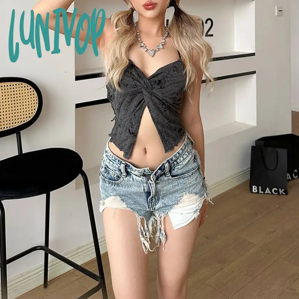 Lunivop Fairy Grunge Halter Camileso Tops Pink Bandage Spaghetti Strap Lace Trim Split Crop Woman