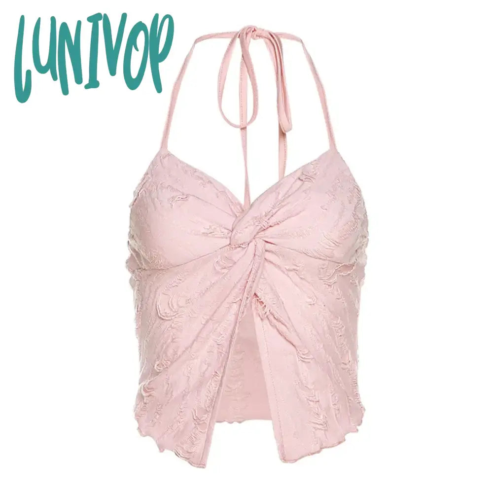 Lunivop Fairy Grunge Halter Camileso Tops Pink Bandage Spaghetti Strap Lace Trim Split Crop Woman