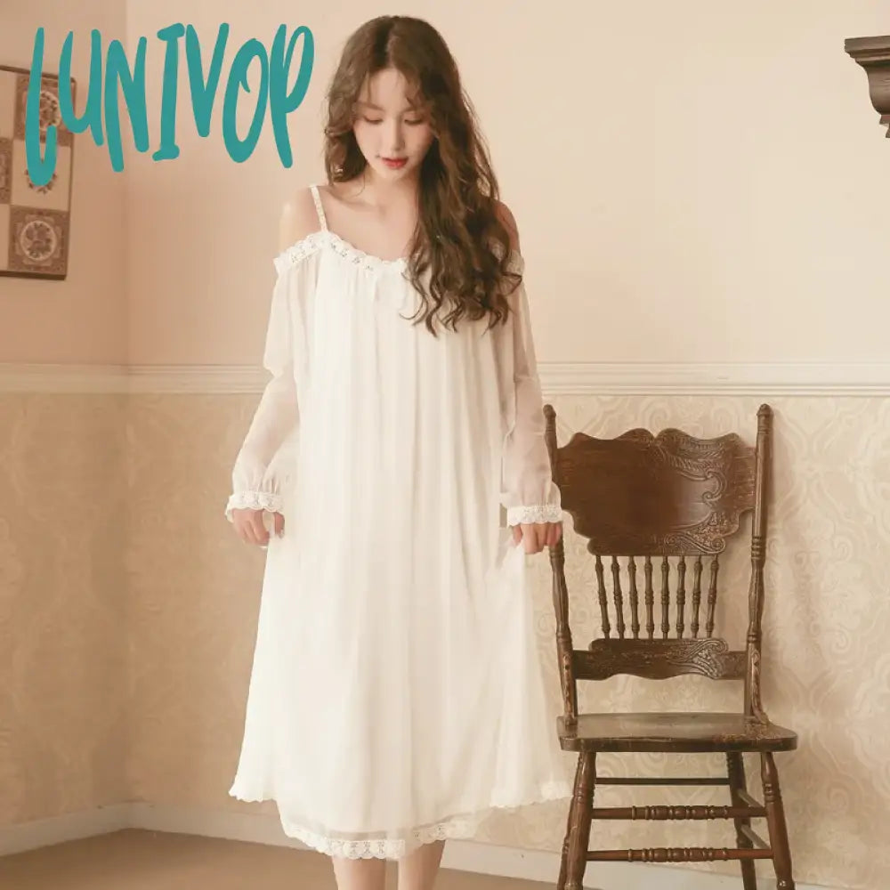 Lunivop Fairy Mesh Nightdress Romantic Nightgown Women Spring Sexy Off Shoulder Long Lace Peignoir