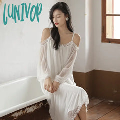 Lunivop Fairy Mesh Nightdress Romantic Nightgown Women Spring Sexy Off Shoulder Long Lace Peignoir