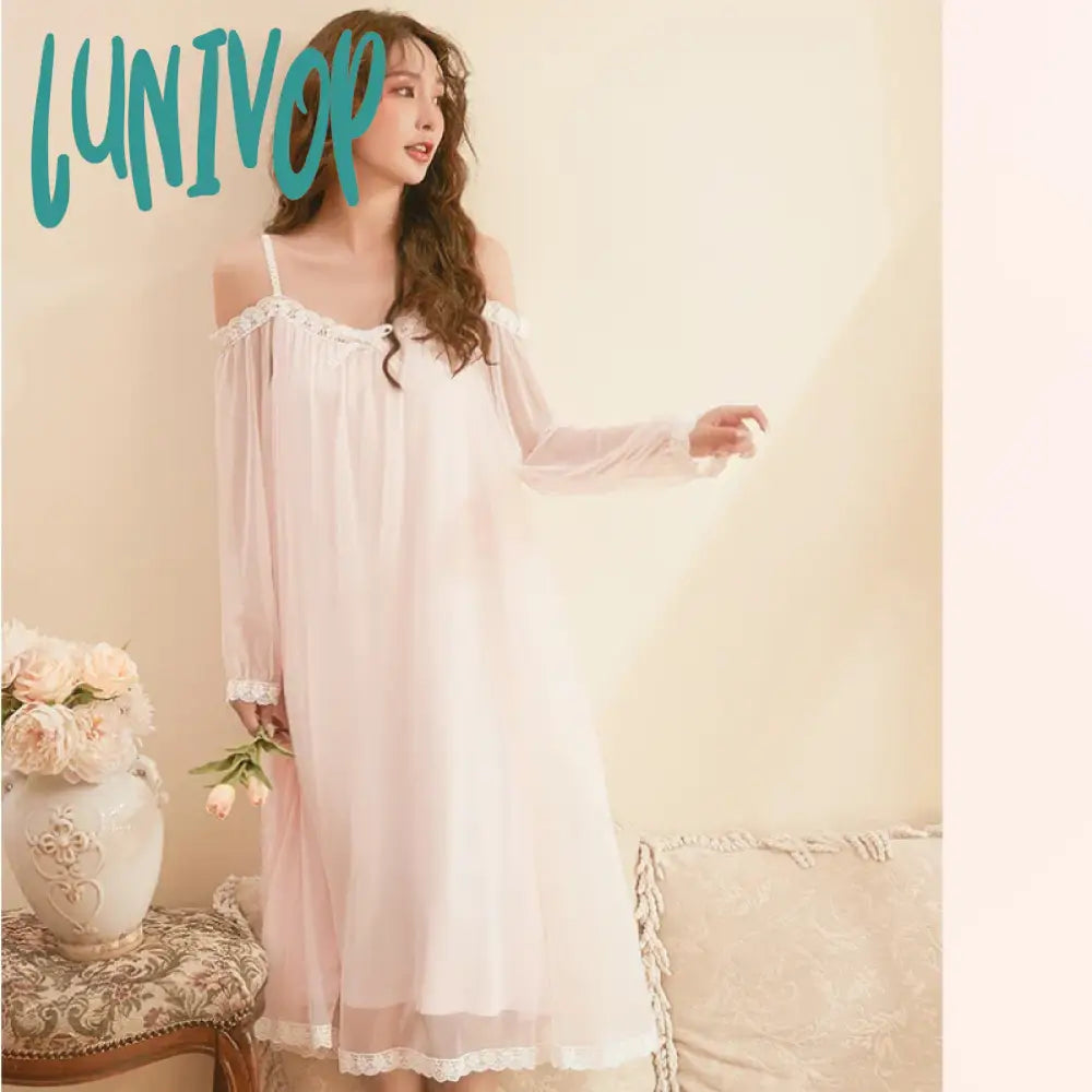 Lunivop Fairy Mesh Nightdress Romantic Nightgown Women Spring Sexy Off Shoulder Long Lace Peignoir