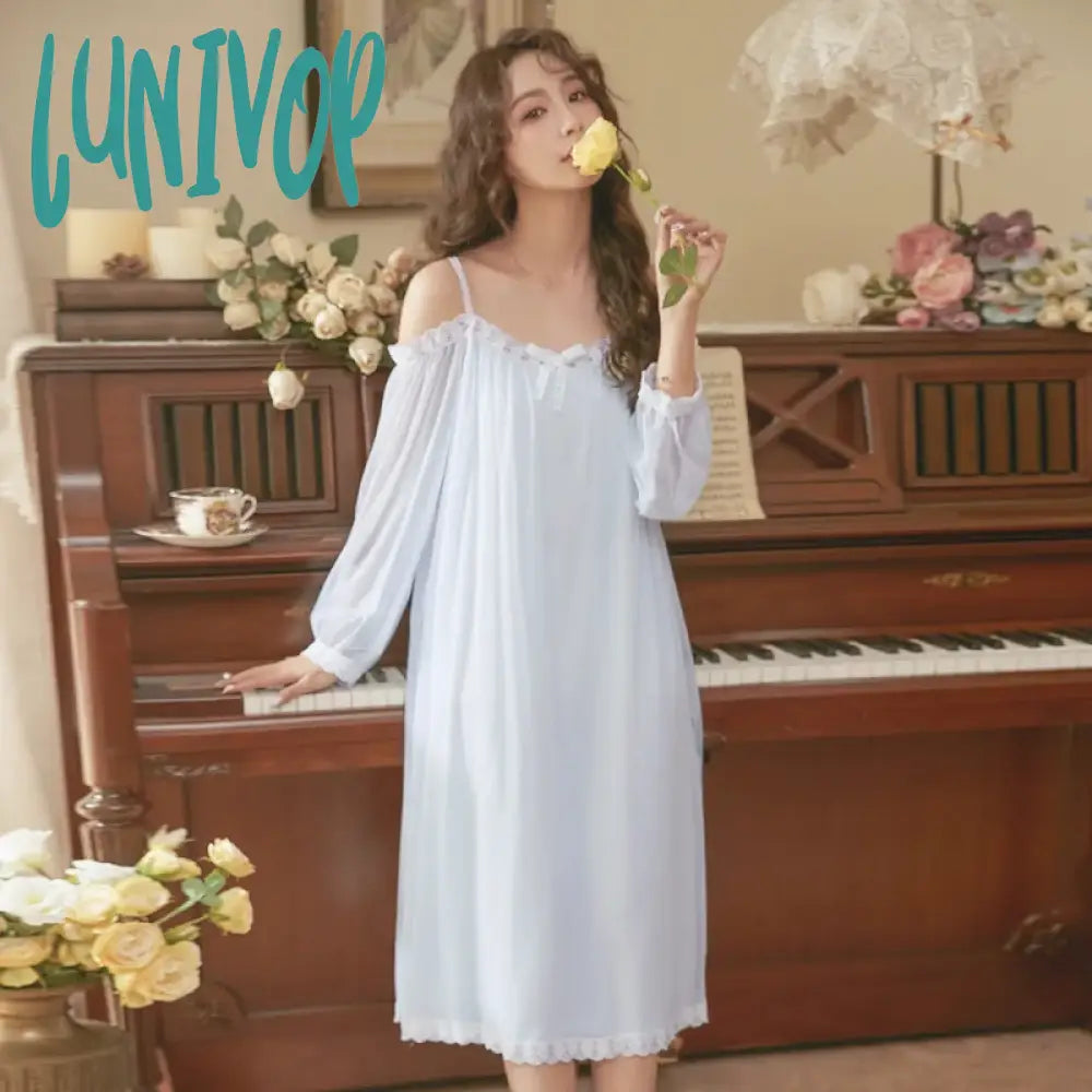 Lunivop Fairy Mesh Nightdress Romantic Nightgown Women Spring Sexy Off Shoulder Long Lace Peignoir