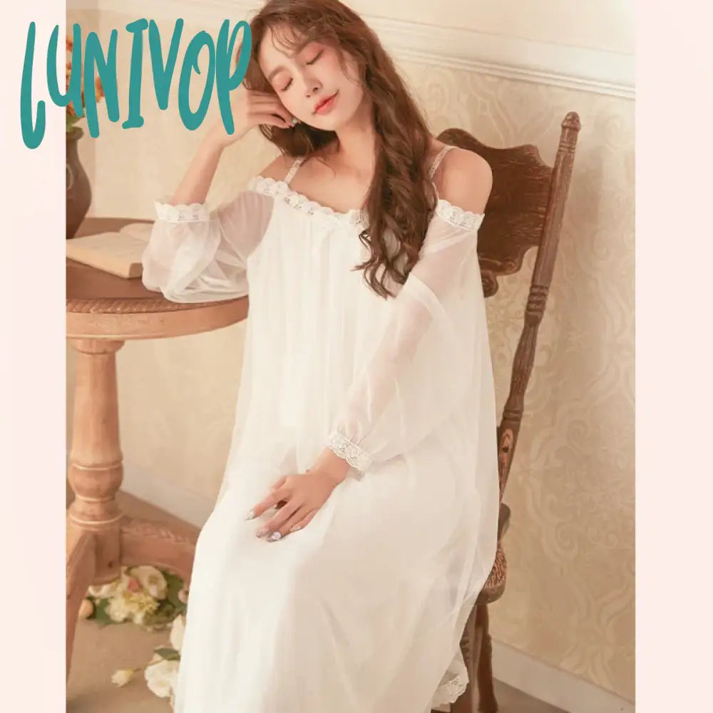 Lunivop Fairy Mesh Nightdress Romantic Nightgown Women Spring Sexy Off Shoulder Long Lace Peignoir