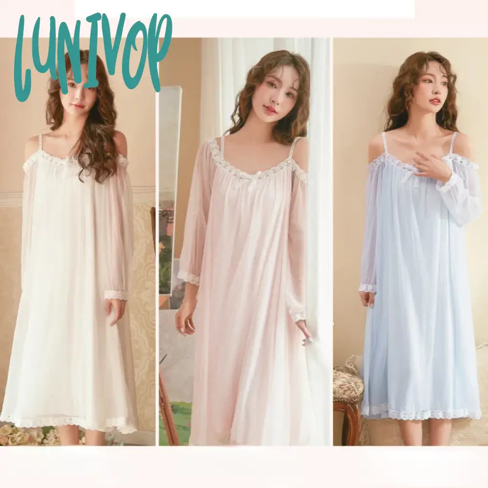 Lunivop Fairy Mesh Nightdress Romantic Nightgown Women Spring Sexy Off Shoulder Long Lace Peignoir