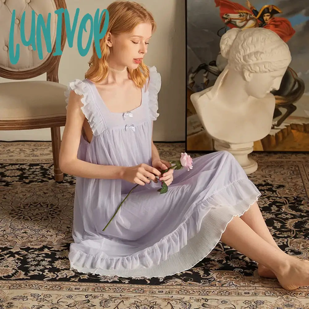 Lunivop Fairy White Mesh Night Dress Women Summer Sleeveless Sexy Lace Peignoir Victorian