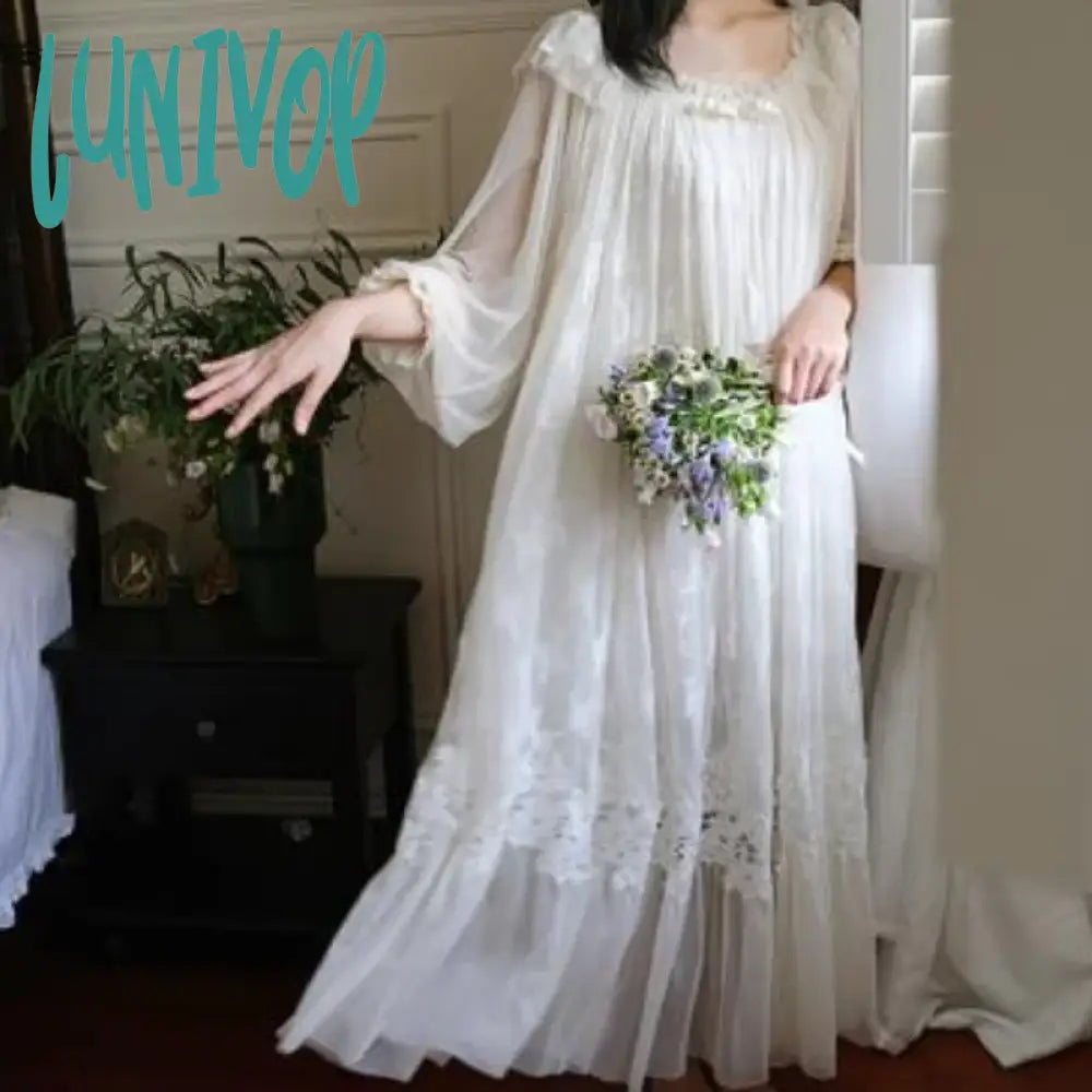 Lunivop Fairy White Night Dress Women Sexy Lace Peignoir Long Sleeve Robe Dressing Gown Vintage