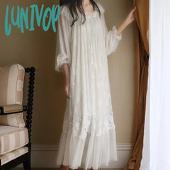 Lunivop Fairy White Night Dress Women Sexy Lace Peignoir Long Sleeve Robe Dressing Gown Vintage