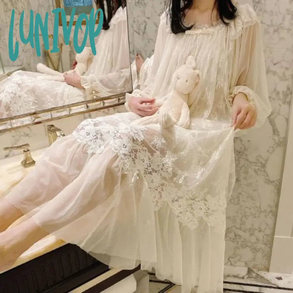 Lunivop Fairy White Night Dress Women Sexy Lace Peignoir Long Sleeve Robe Dressing Gown Vintage