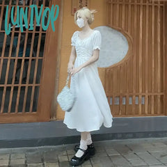 Lunivop Fairycore Vintage Long Dress For Women Girl Midi White Puff Sleeve Fairy Core Style Clothes