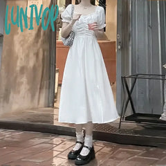 Lunivop Fairycore Vintage Long Dress For Women Girl Midi White Puff Sleeve Fairy Core Style Clothes