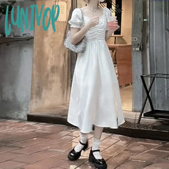 Lunivop Fairycore Vintage Long Dress For Women Girl Midi White Puff Sleeve Fairy Core Style Clothes